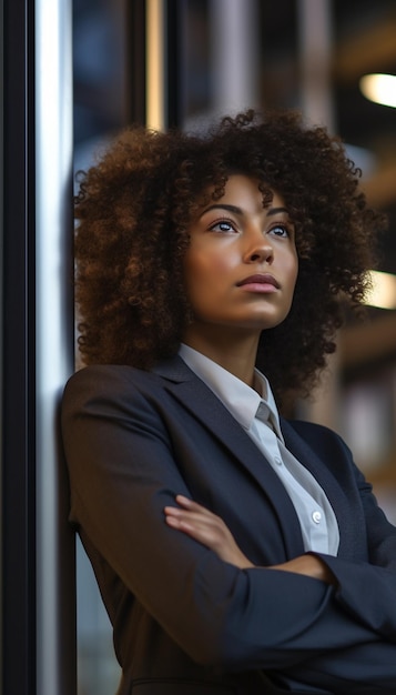 une femme les bras croisés regardant par la fenêtre.