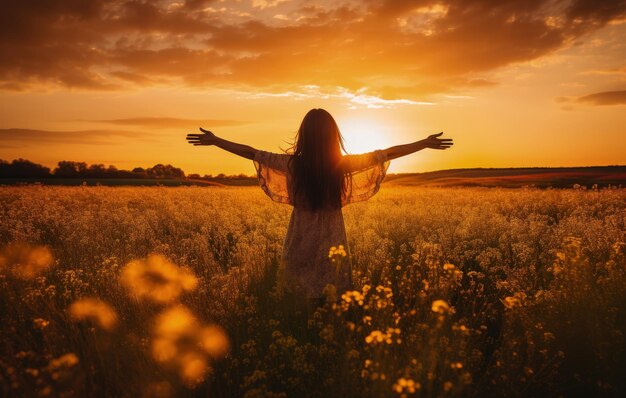 Femme avec les bras levés au milieu d'une plantation de tournesols au coucher du soleil en arrière-plan AI générative