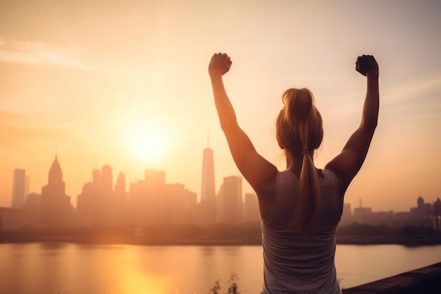 Femme avec les bras levés devant les toits de la ville de New York au coucher du soleil