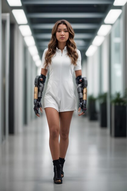 Femme avec des bras robotiques Science Technologie et concept d'ingénierie