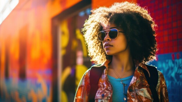 Une femme brillante et cool avec des lunettes devant un mur coloré