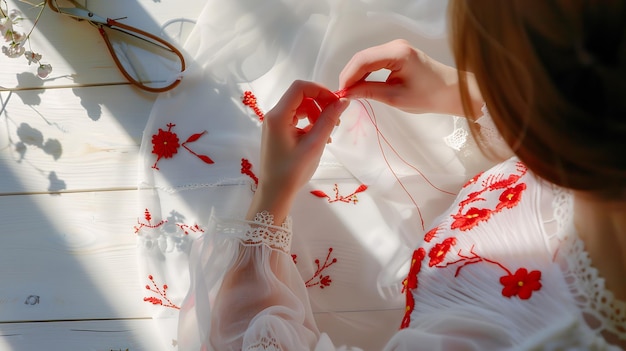 Femme brodant une chemise avec un fil rouge sur une table en bois blanc et l'espace fo IA générative