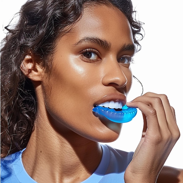 une femme avec une brosse à dents bleue dans la bouche