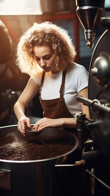 Photo femme broyant des grains de café torréfiés à partir d'une torréfacteur en usine