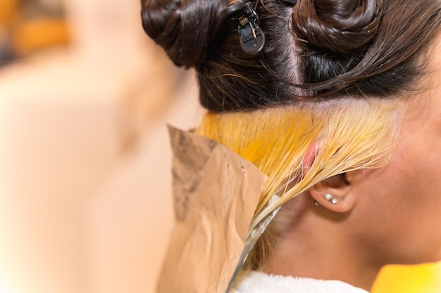 Femme Brune Assise Dans Le Salon De Beauté Coiffeur Appliquant Un Colorant Blond