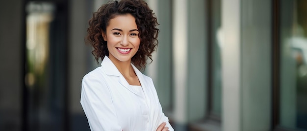 Une femme brune aux cheveux bouclés porte une robe d'infirmière blanche et ses bras sont croisés