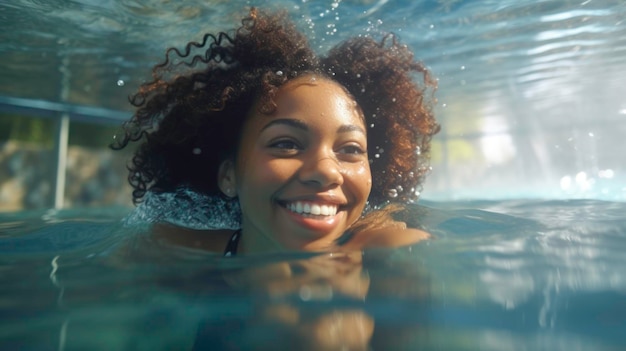 Une femme brune heureuse nage sous l'eau dans une piscine publique.