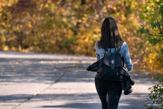 Une femme brune marche le long de l'allée d'un parc en automne. Fille solitaire dans la forêt ensoleillée. Vue arrière.