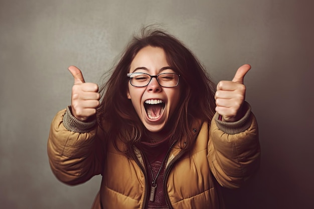 Une femme brune avec le syndrome de Down portant des vêtements décontractés et des lunettes très heureuse et excitée faisant le geste du vainqueur avec les bras levés souriant et criant pour le succès Generative Ai