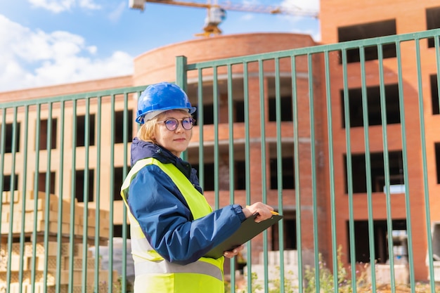 Une femme Builder sur un chantier de construction inspecte un bâtiment