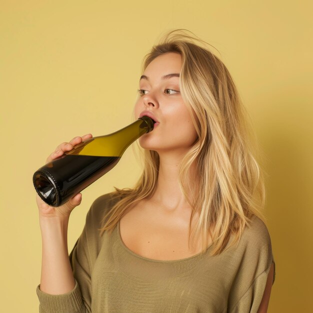 Une femme buvant une bouteille de vin