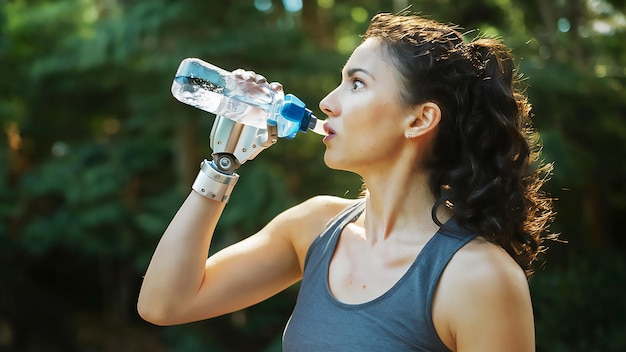 une femme buvant de l'eau dans une bouteille
