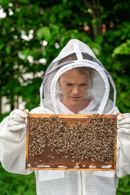 Femme avec un cadre en cire avec des abeilles en apiculture