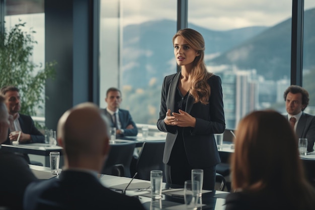 Une femme cadre confiante fait magistralement une présentation commerciale dans une salle de conférence