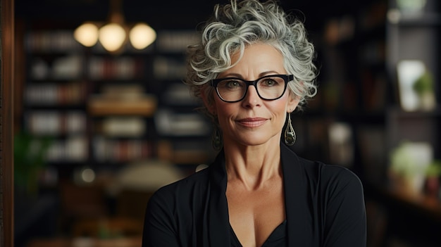 Photo femme cadreur de portrait ou entrepreneur d'affaires femme âgée élégante et confiante avec des cheveux gris coiffure portant des lunettes et regardant la caméra alors qu'elle se tient dans l'espace de copie du bureau