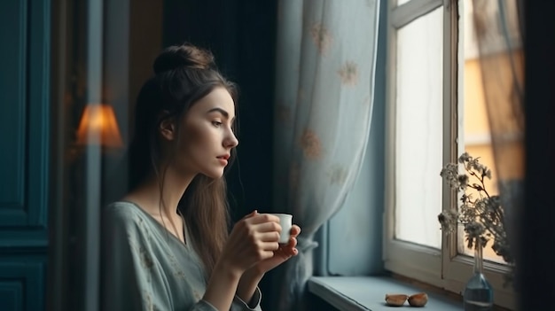Une femme calme boit du thé dans l'intérieur de sa maison le matin