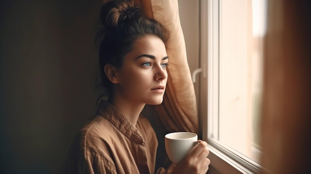 Une femme calme boit du thé dans l'intérieur de sa maison le matin