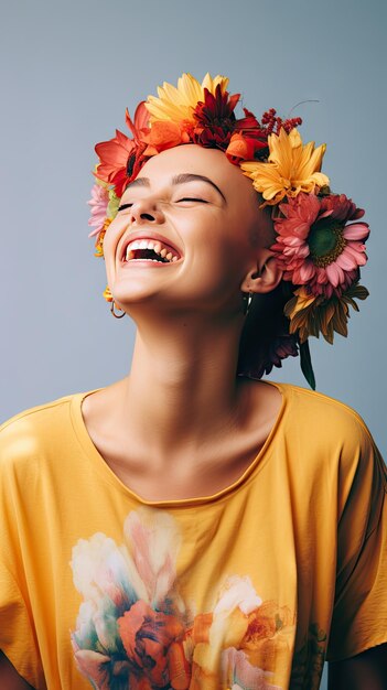 Une femme calve asiatique souriante portant une couronne de fleurs Journée mondiale du cancer