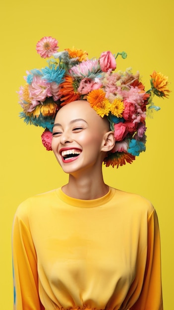 Une femme calve asiatique souriante portant une couronne de fleurs Journée mondiale du cancer