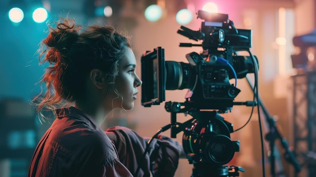 une femme avec une caméra sur la tête regarde une caméra