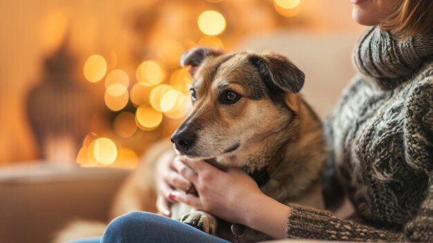 Une femme caressant un chien sur ses genoux Le jour de l'amour pour son animal de compagnie