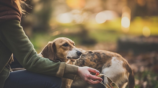 Une femme caressant un mignon chien rouge qui dort sur ses genoux Closeup Love Your Pet jour AI génératif