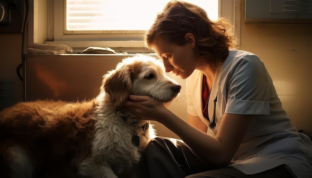 Une femme caresse un chien.