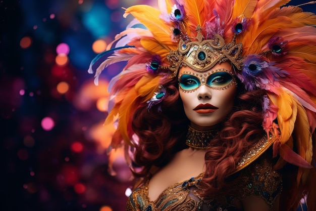 Une femme de carnaval éblouissante en combinaison de paillettes et un masque élégant