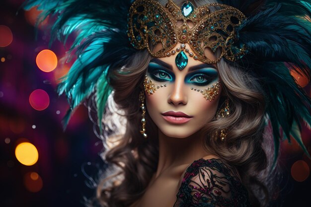 Une femme de carnaval éblouissante en combinaison de paillettes et un masque élégant