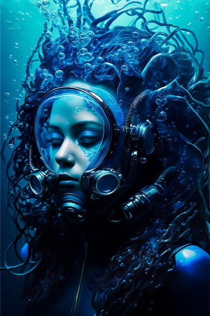 Une femme avec un casque bleu et un fond bleu