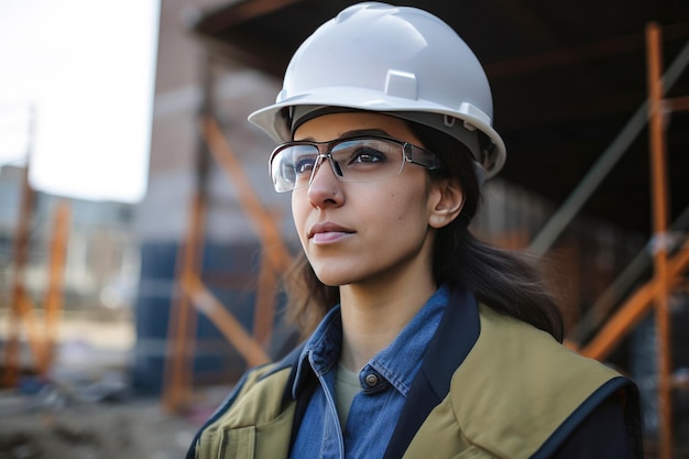 Photo femme avec un casque sur un chantier ai générative