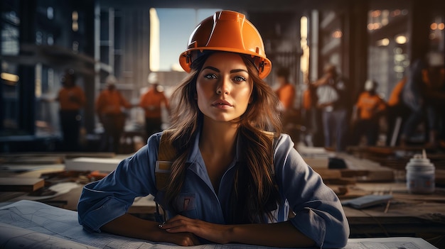 Une femme avec un casque sur un chantier de construction