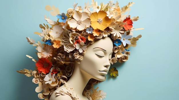 Une femme avec un casque floral en papier