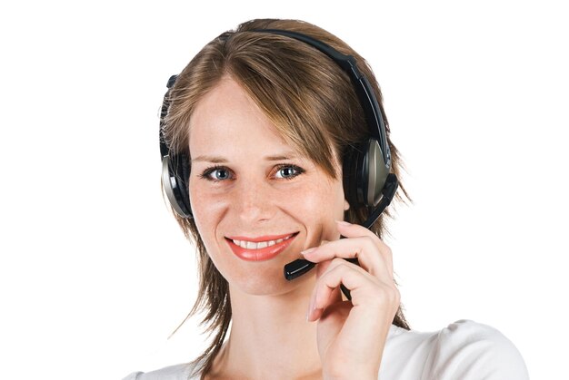 Femme avec casque isolé sur fond blanc