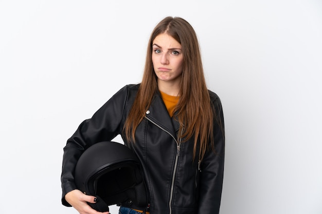 femme, à, a, casque moto, sur, isolé, mur