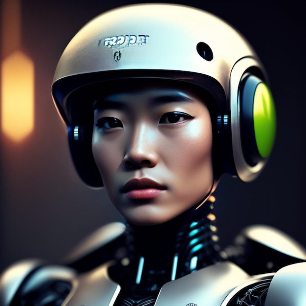 Une femme avec un casque qui dit robot dessus