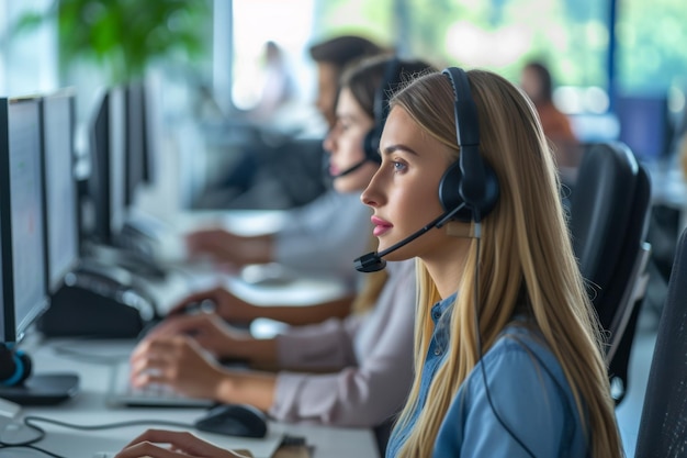 Une femme avec un casque qui travaille à l'ordinateur