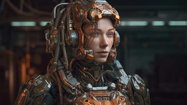 Une femme avec un casque de robot et une tête qui dit "robot"