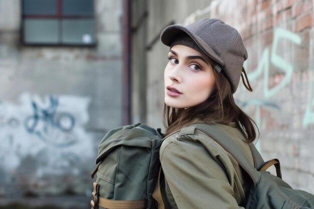 Une femme avec un casque de sac à dos élégant Génère Ai