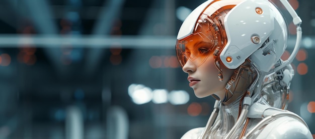 Femme en casque spatial Banner horizontal de style futuriste avec copie générée par l'IA spatiale