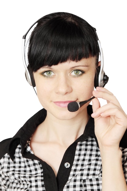 Femme avec casque téléphonique isolé sur fond blanc