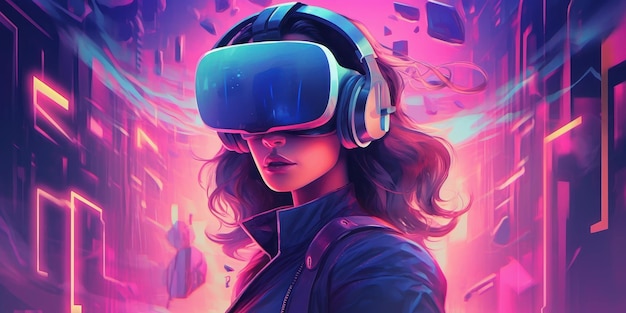 Femme avec casque VR explorant la technologie Glasse de réalité virtuelle Metaverse Generative Ai