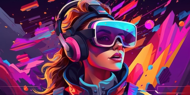 Femme avec casque VR explorant la technologie Glasse de réalité virtuelle Metaverse Generative Ai