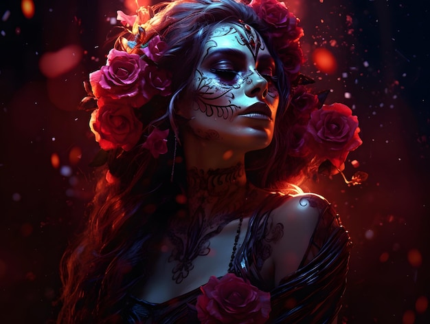 une femme Catrina Santa Muerte fleurs dark fantasy art thème