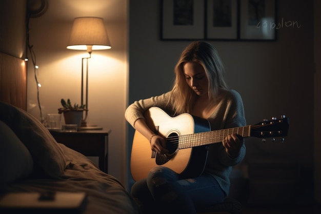 Femme caucasienne des années 20 jouant de la guitare dans la musique d'activité de la chambre IA générative AIG23