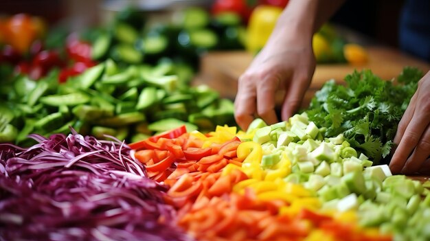 Une femme caucasienne découpe des légumes.