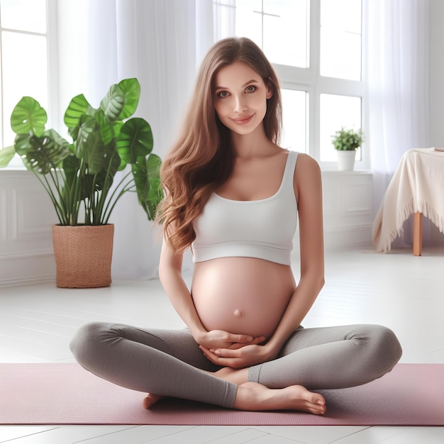 Une femme caucasienne enceinte assise sur un tapis de yoga à la maison dans une pièce blanche.