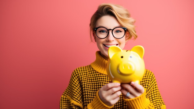 Une femme caucasienne heureuse avec des lunettes dans un pull décontracté jaune tient une tirelire jaune sur fond rose Créé avec la technologie Generative AI