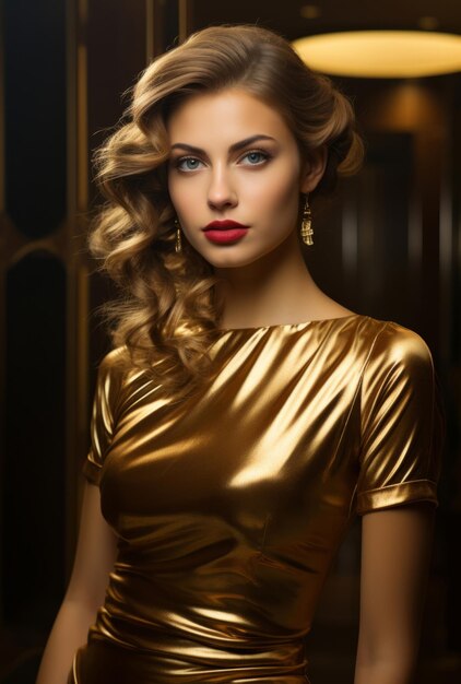 Une femme caucasienne avec un maquillage doré sur fond noir avec de la peinture artistique et des cosmétiques