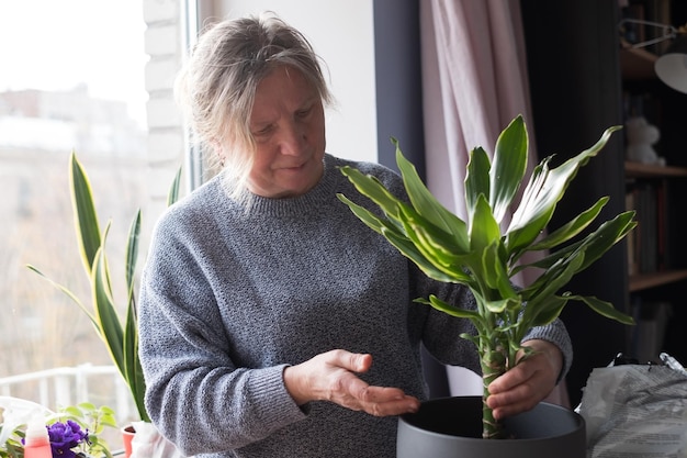 Femme caucasienne prenant soin d'une fleur